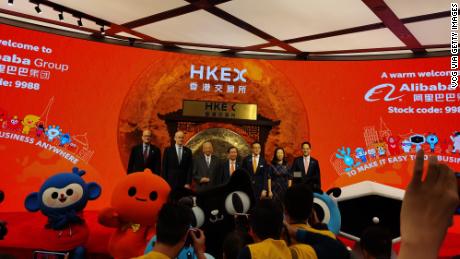Alibaba celebrates its listing ceremony at the Hong Kong Stock Exchange.
